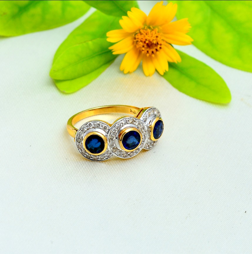 18KT Yellow Gold Blue Sapphire & Diamond Three-Stone Ring