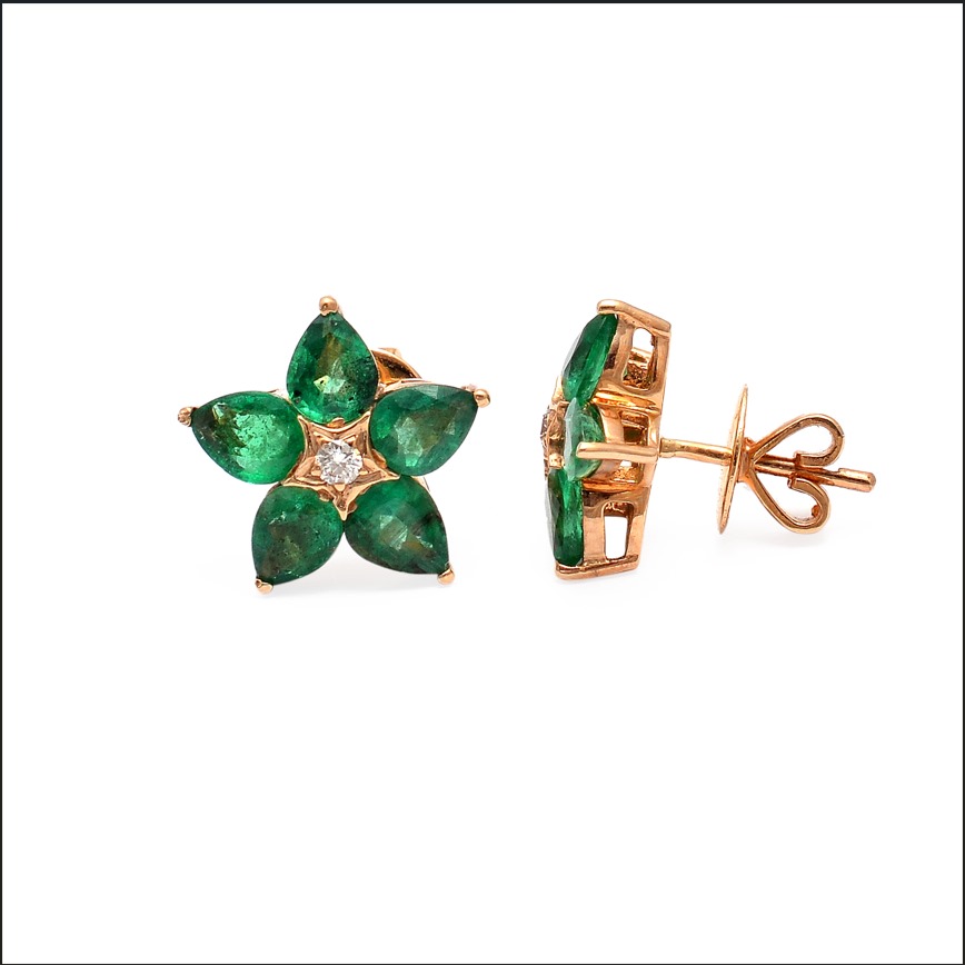 18KT Yellow Gold Diamond and Pear Emerald Flower Earrings